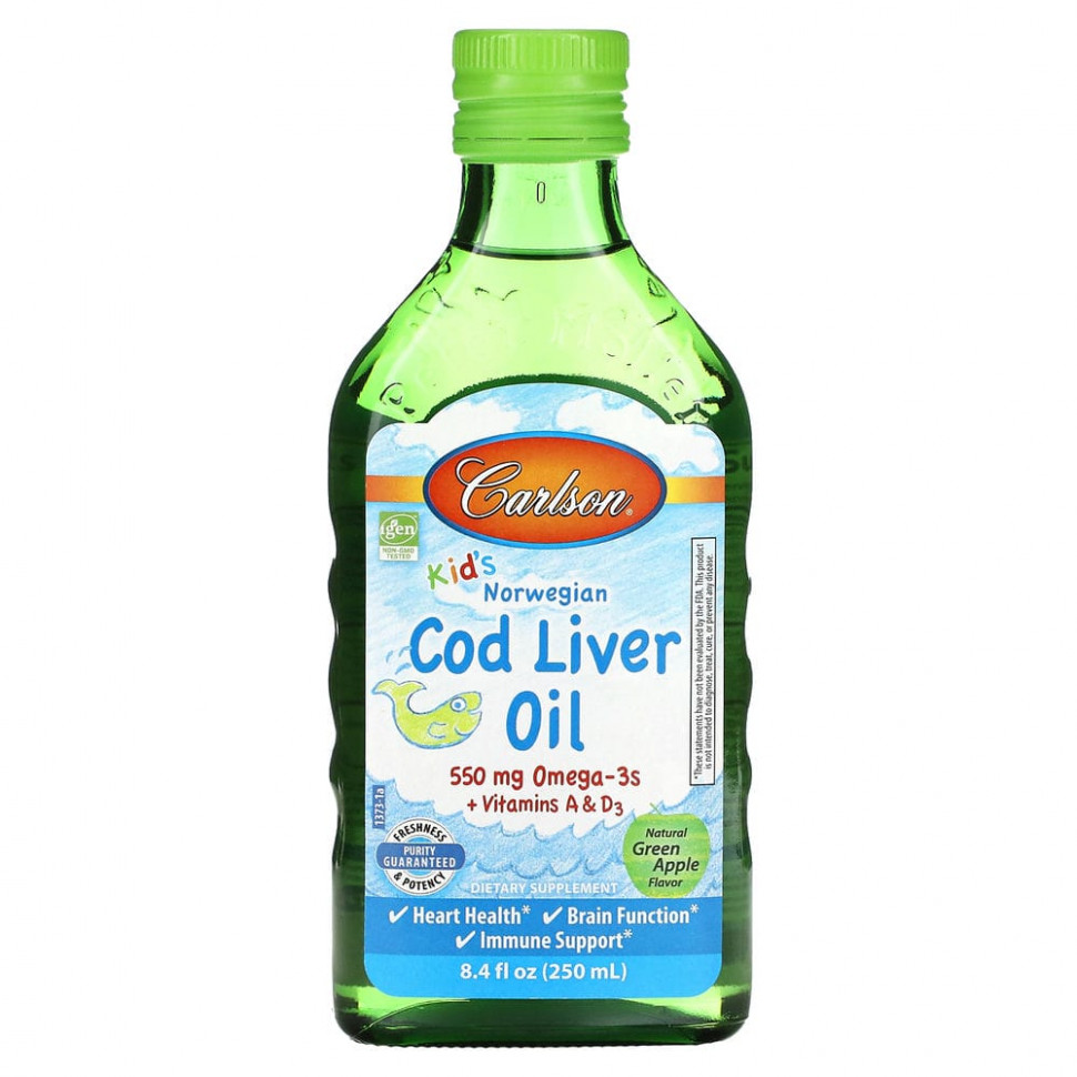   Carlson, Kids Cod Liver Oil, Natural Green Apple , 550 mg, 8.4 fl oz (250 ml)    -     -,    