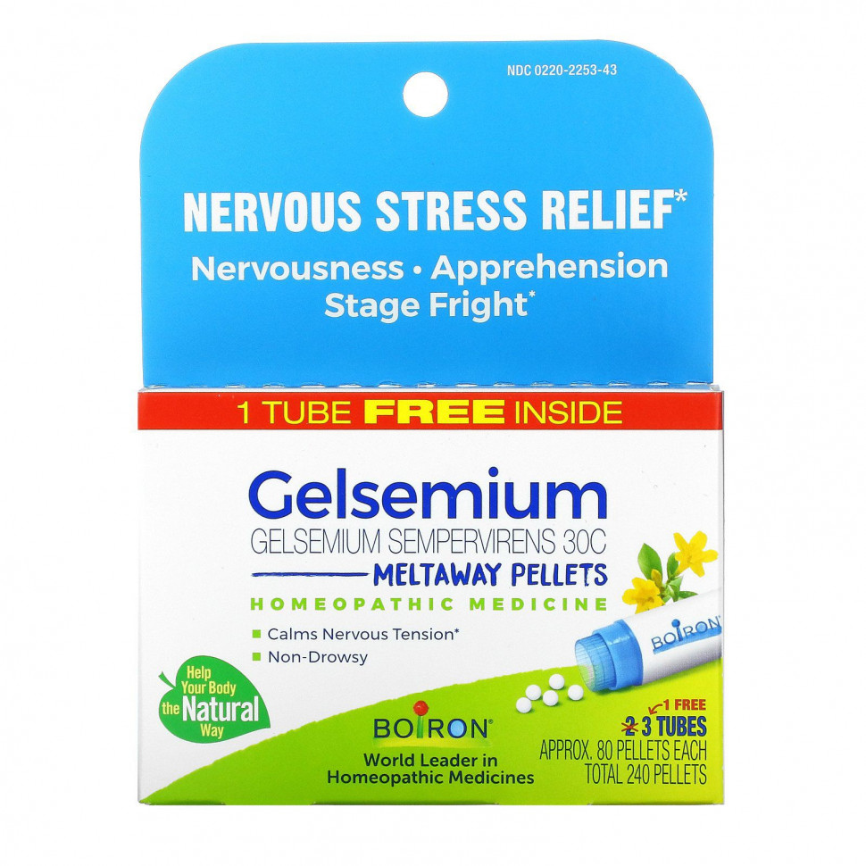   Boiron, Gelsemium, Nervous Stress Relief, Meltaway Pellets, 3 Tubes, Approx. 80 Pellets Each    -     -,    