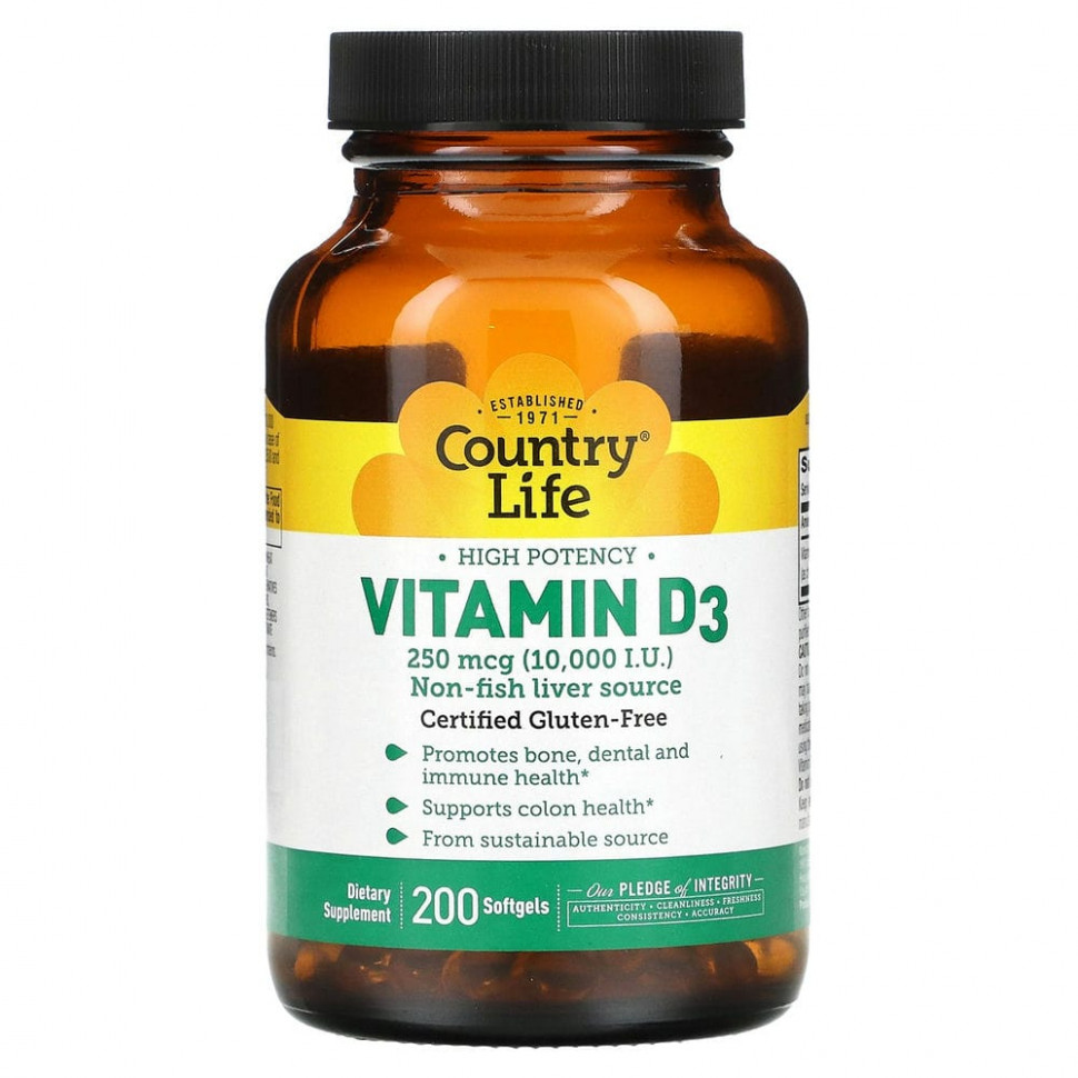   Country Life, Vitamin D3, High Potency, 250 mcg (10,000 IU), 200 Softgels    -     -,    