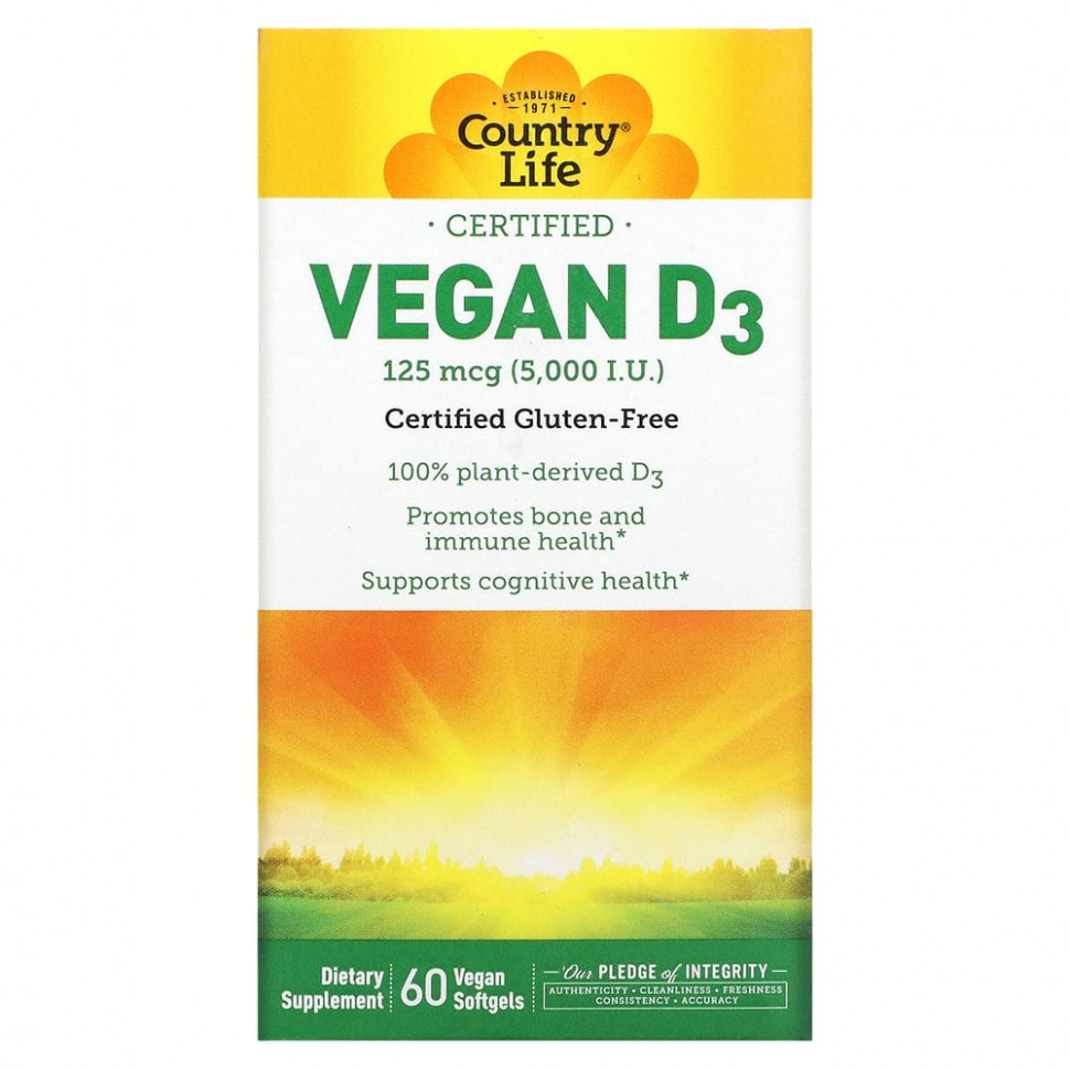   Country Life, Vegan D3, 125 mcg (5,000 IU), 60 Vegan Softgels    -     -,    