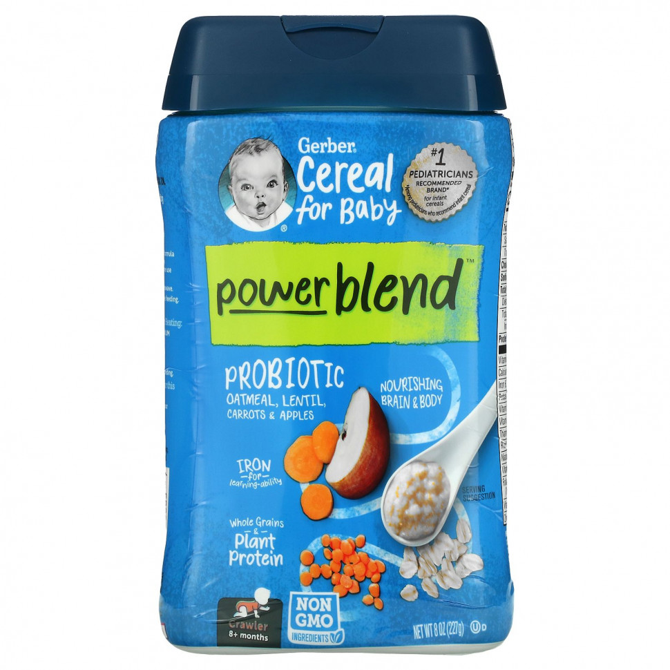   Gerber, Powerblend Cereal for Baby, Probiotic Oatmeal, Lentil, Carrots & Apples, Crawler, 8+ Months, 8 oz (227 g)    -     -,    