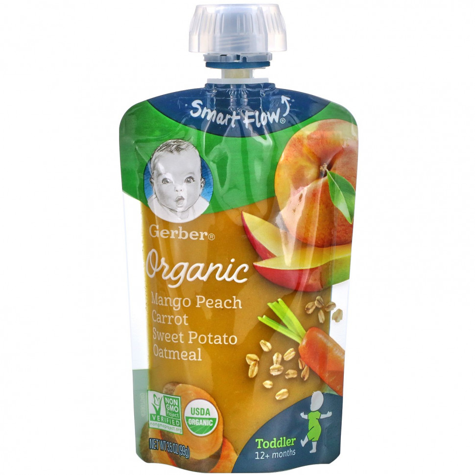   Gerber, Organic Mango, Peach, Carrot, Sweet Potato, Oatmeal, Toddler, 12+ Months, 3.5 oz (99 g)    -     -,    