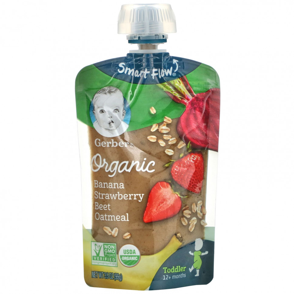   Gerber, Organic Banana, Strawberry, Beet, Oatmeal, Toddler, 12+ Months, 3.5 oz (99 g)    -     -,    