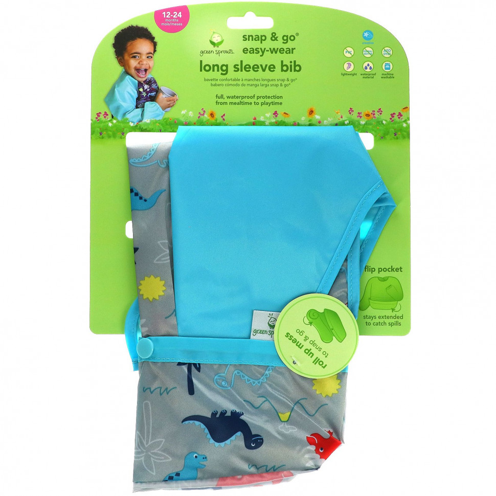   Green Sprouts, Snap & Go Easy Wear Long Sleeve Bib, Aqua Diasour    -     -,    