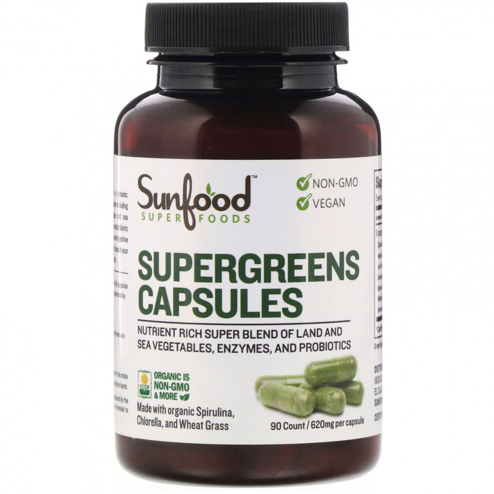   Sunfood, Supergreens Capsules, 155 mg, 90 Count    -     -,    