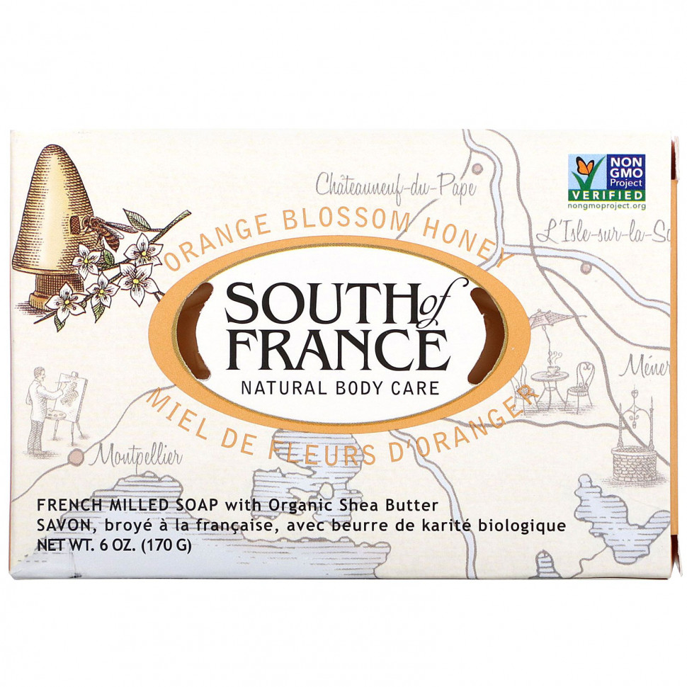   South of France, Orange Blossom Honey, French Milled Bar Soap with Organic Shea Butter, 6 oz (170 g)    -     -,    