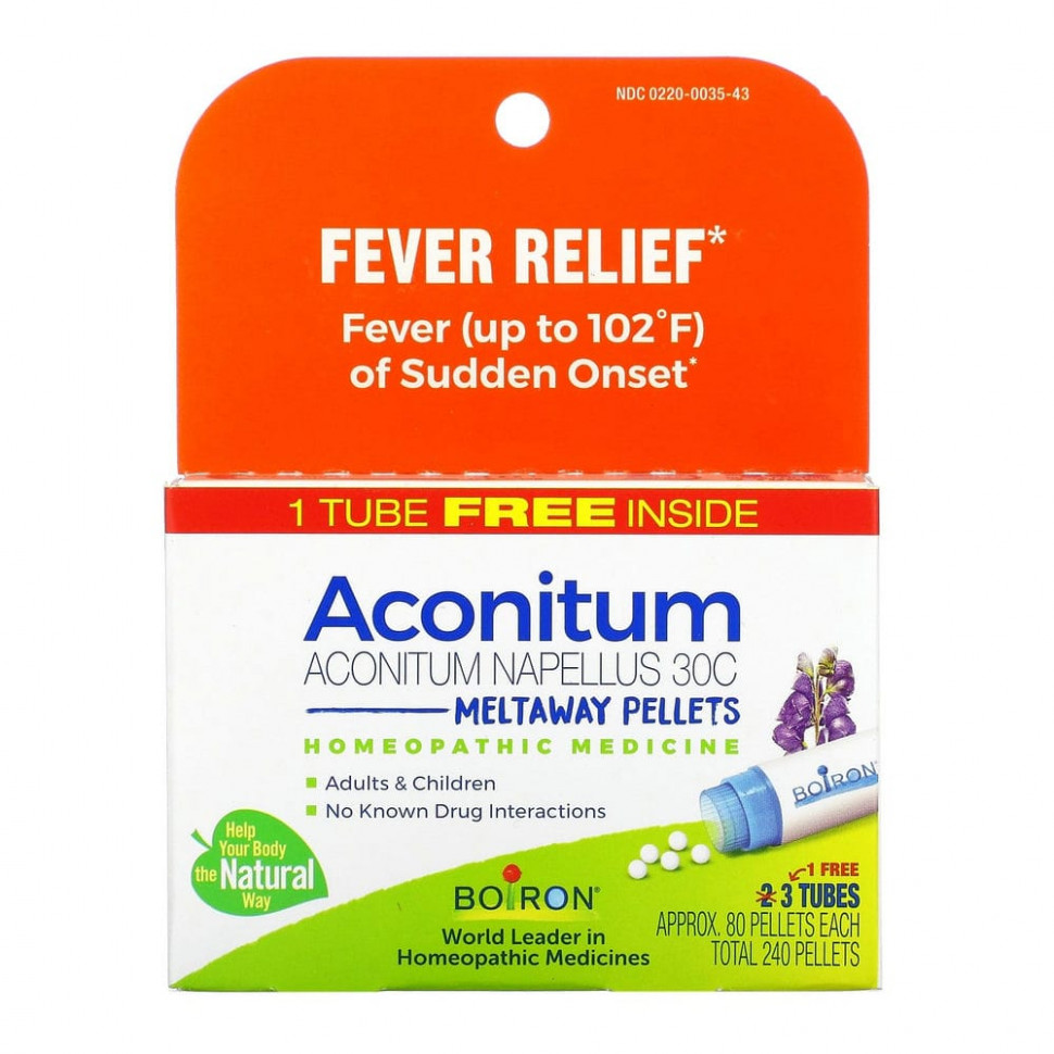   Boiron, Aconitum, Fever Relief, Meltaway Pellets, 3 Tubes, 80 Pellets Each    -     -,    