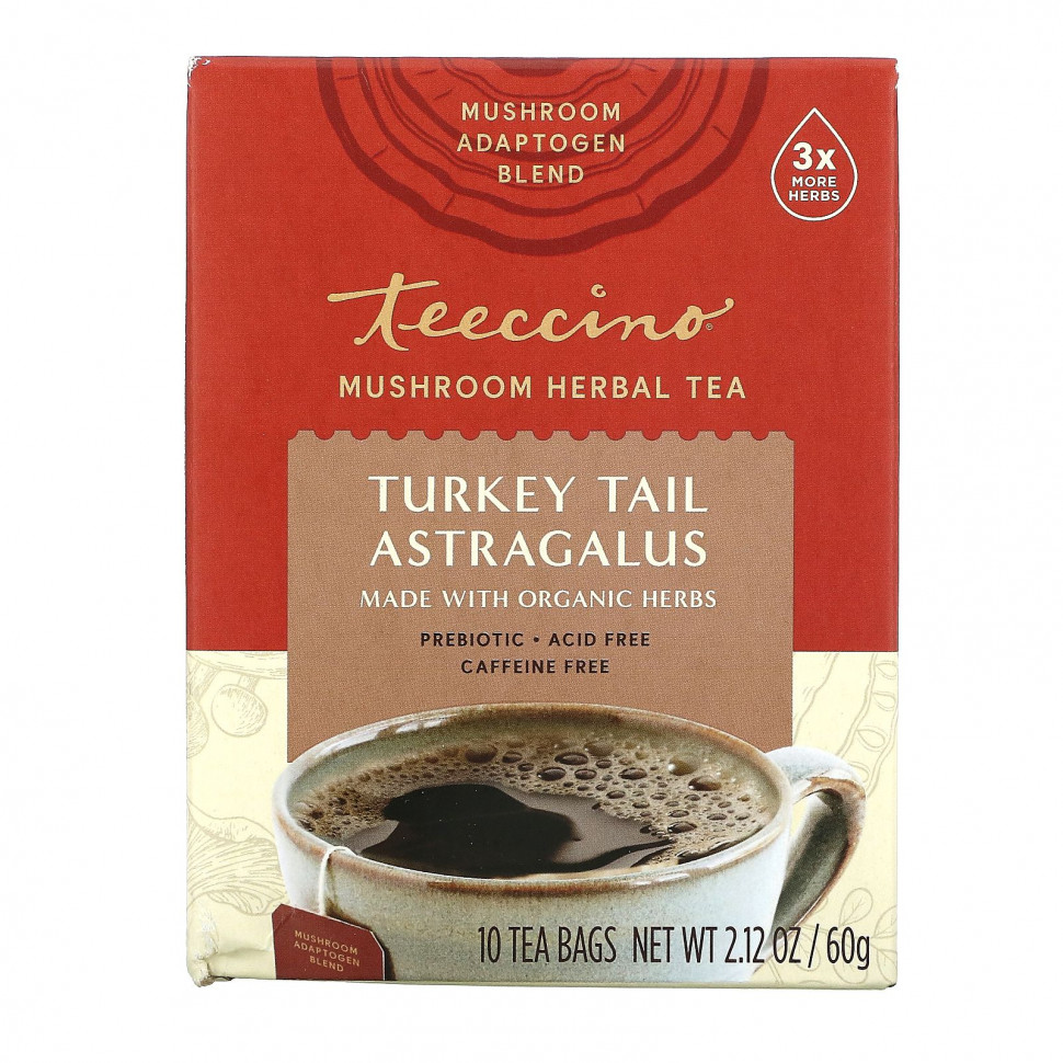   Teeccino, Mushroom Herbal Tea, Turkey Tail Astragalus, 10 Tea Bags, 2.12 oz (60 g)    -     -,    