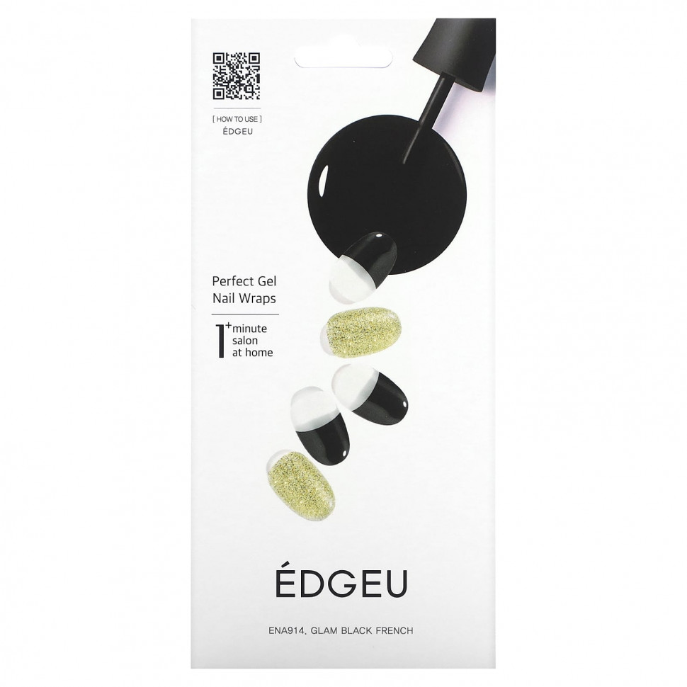   Edgeu, Perfect Gel Nail Wraps, ENA914, Glam Black French,   16     -     -,    