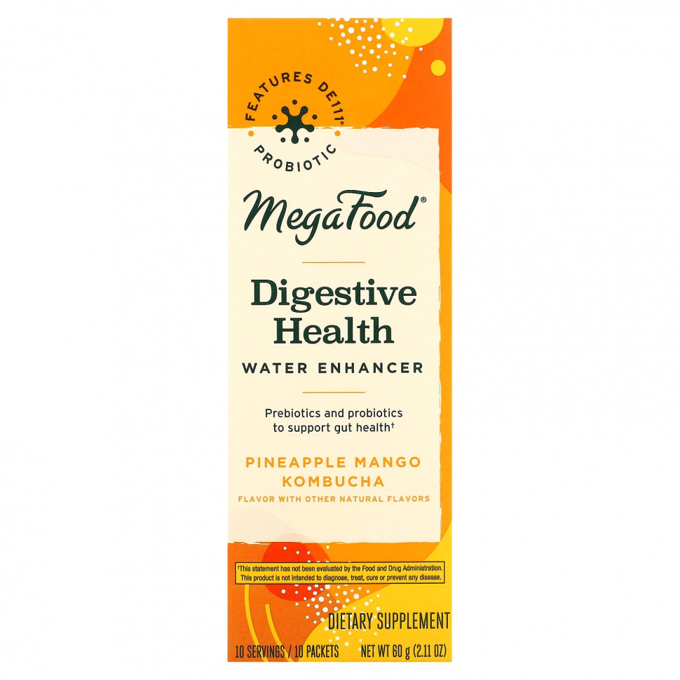   MegaFood, Digestive Health Water Enhancer, Pineapple Mango Kombucha, 10 Packets, 0.21 oz (6 g) Each    -     -,    