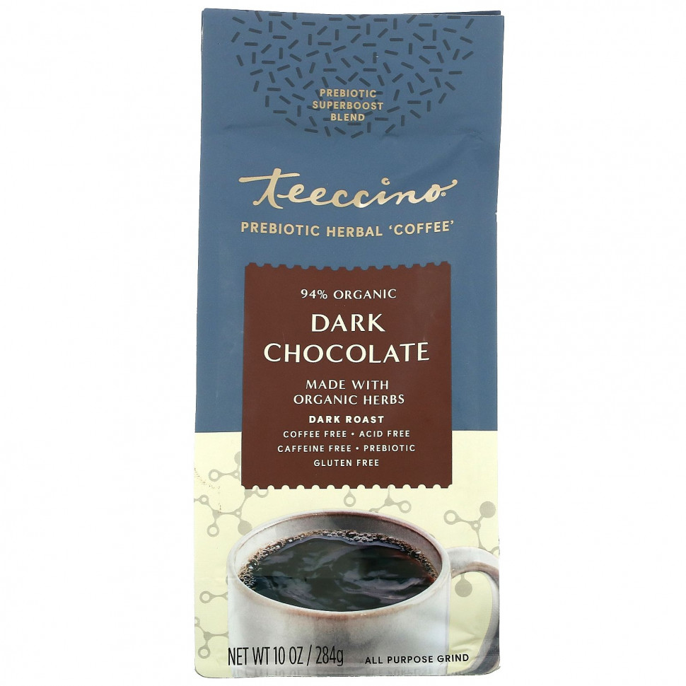   Teeccino, Prebiotic Herbal Coffee, Dark Roast, Caffeine Free, Dark Chocolate, 10 oz (284 g)    -     -,    