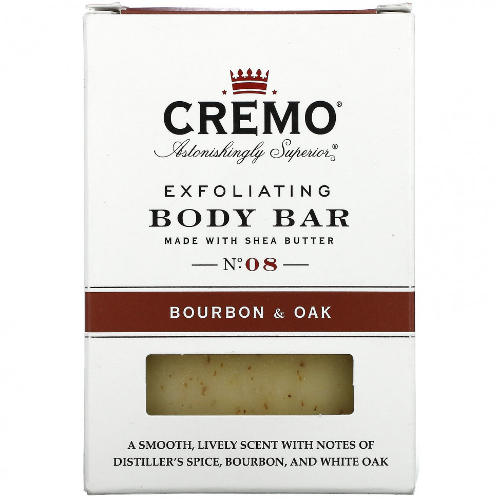   Cremo, Exfoliating Body Bar, No 8, Made with Shea Butter, Bourbon & Oak, 6 oz (170 g)    -     -,    