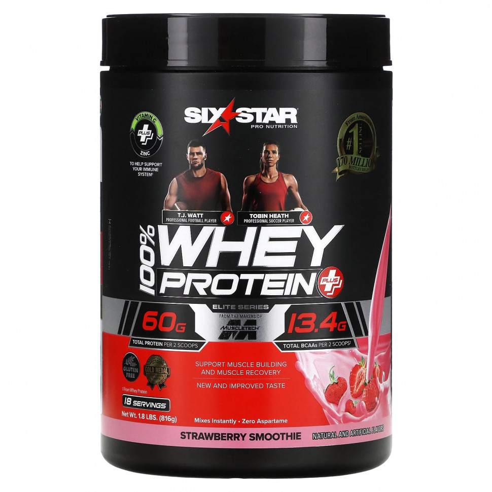   SIXSTAR, Elite Series, 100% Whey Protein Plus, Strawberry Smoothie, 1.8 lbs (816 g)    -     -,    