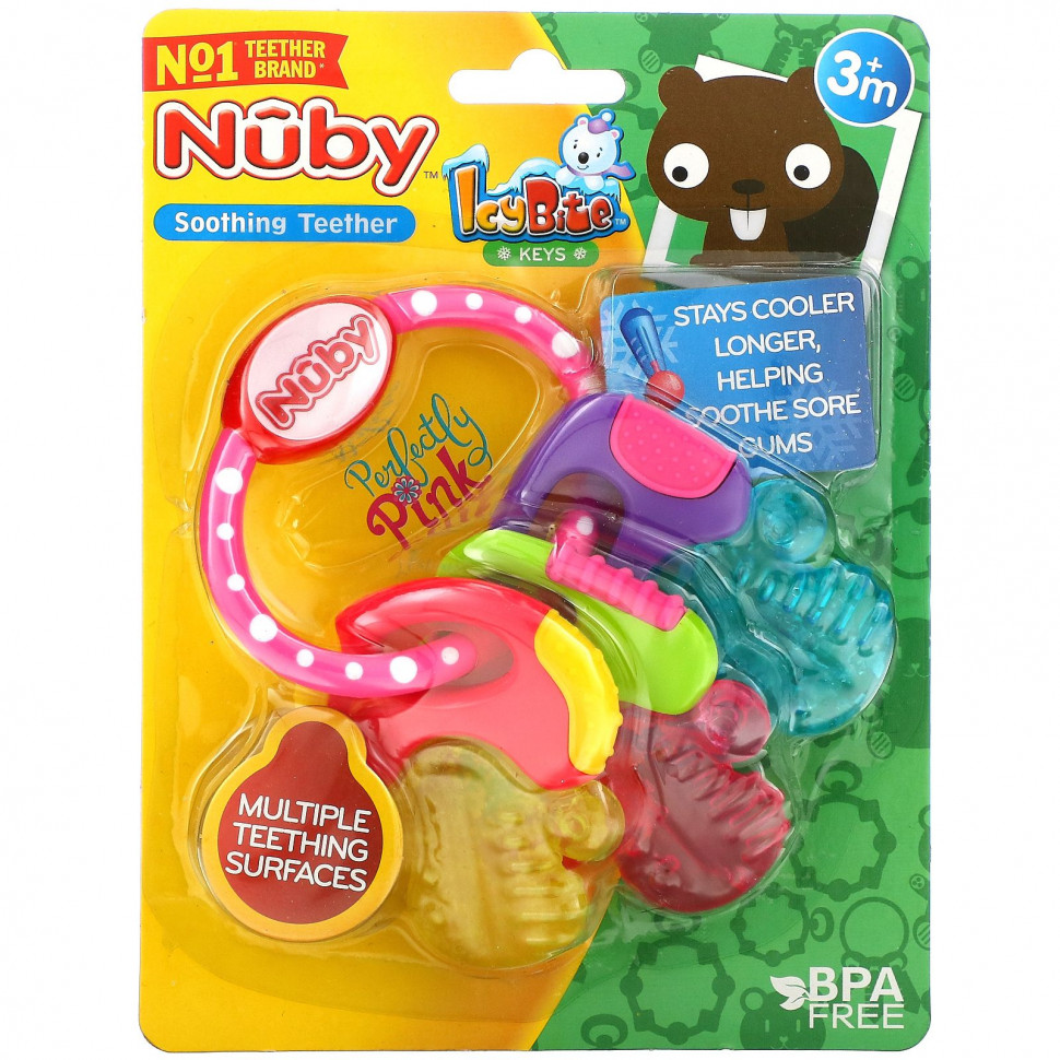   Nuby, Soothing Teether, Icy Bite Keys, 3+ Months, Perfectly Pink, 1 Count    -     -,    