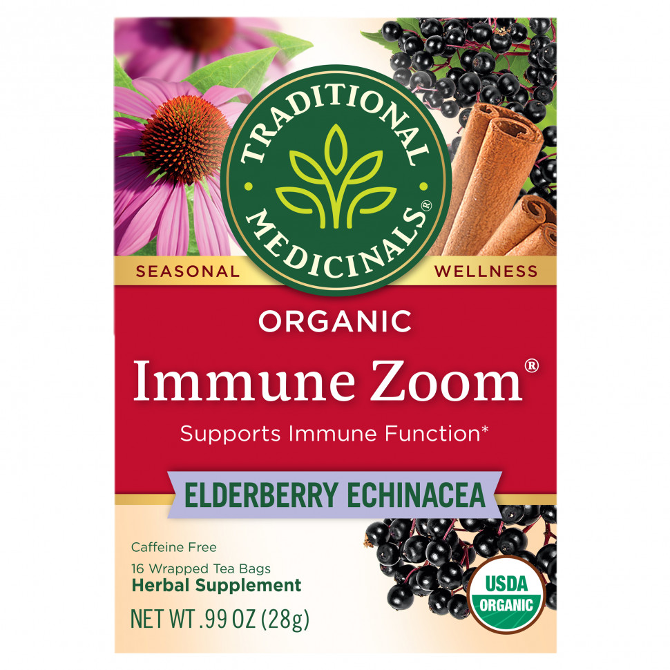   Traditional Medicinals, Organic Immune Zoom, Elderberry Echinacea, Caffeine Free, 16 Wrapped Tea Bags, 0.06 oz (1.75 g) Each    -     -,    