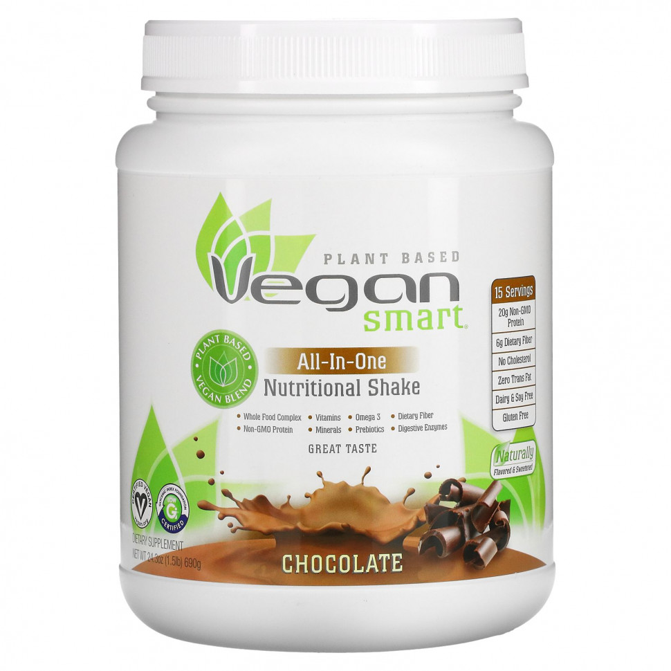   VeganSmart, All-In-One Nutritional Shake, Chocolate, 24.3 oz (690 g)    -     -,    