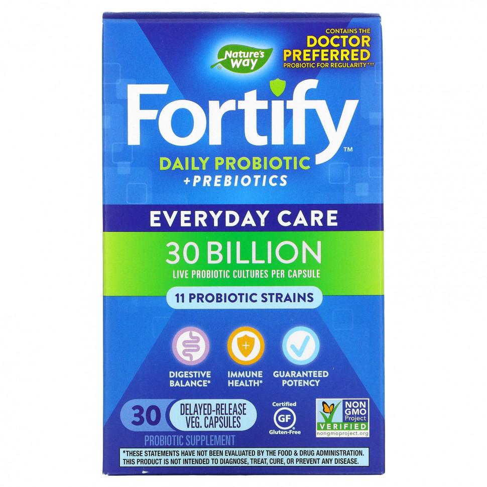   Nature's Way, Fortify, Daily Probiotic + Prebiotics, Everyday Care, 30 Billion CFU, 30 Delayed-Release Veg. Capsules    -     -,    