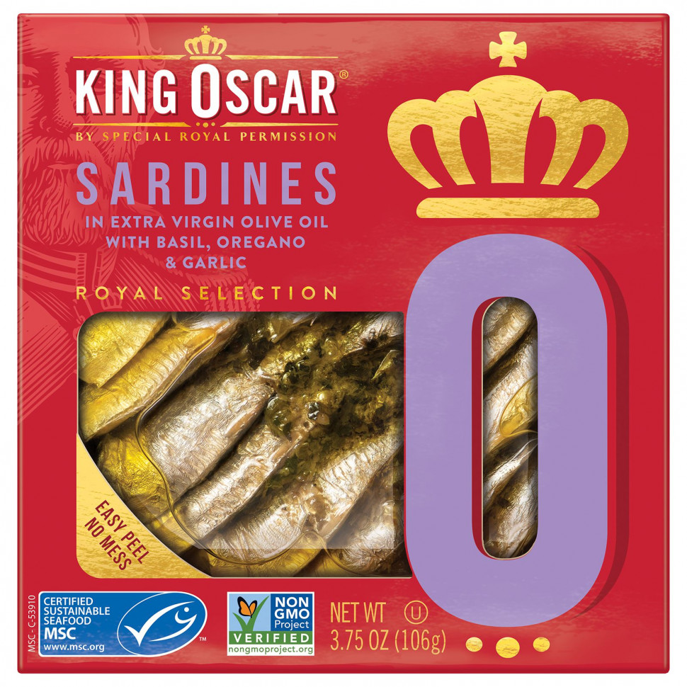   King Oscar, Sardines In Extra Virgin Olive Oil with Basil, Oregano & Garlic, 3.75 oz ( 106 g)    -     -,    