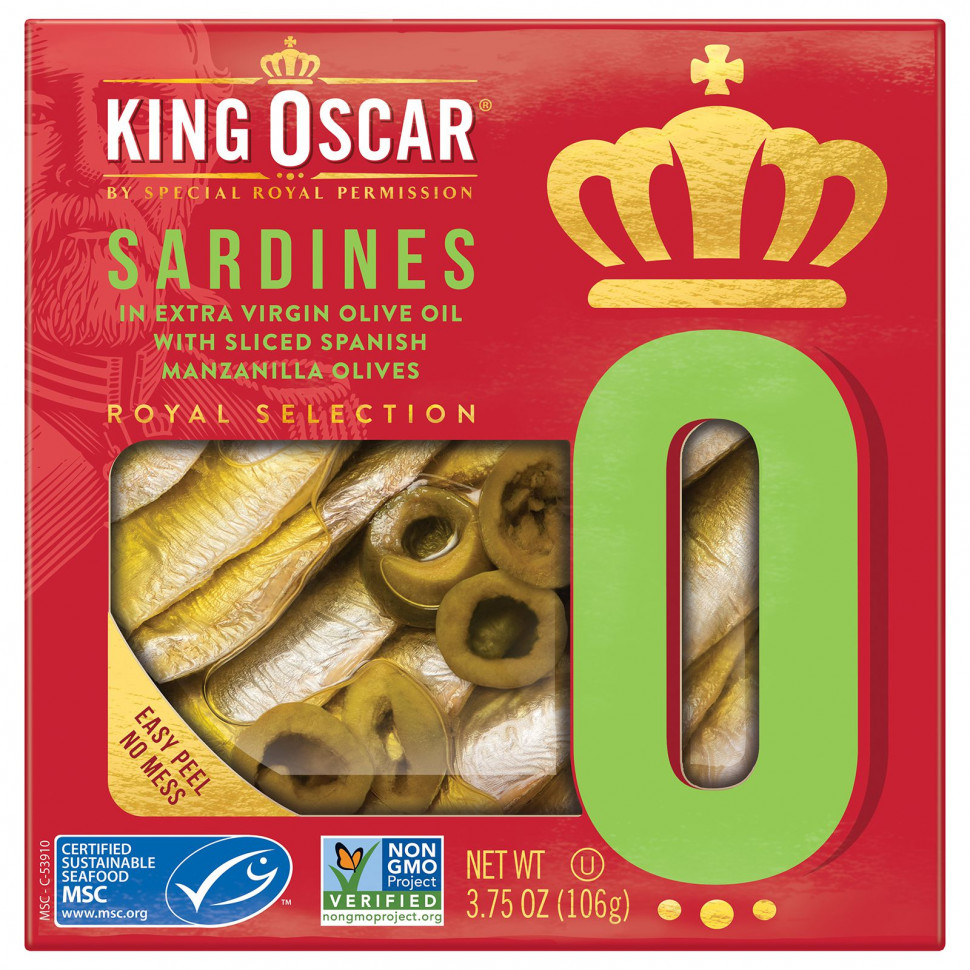   King Oscar, Sardines In Extra Virgin Olive Oil With Sliced Spanish Manzanilla Olives, 3.75 oz ( 106 g)    -     -,    