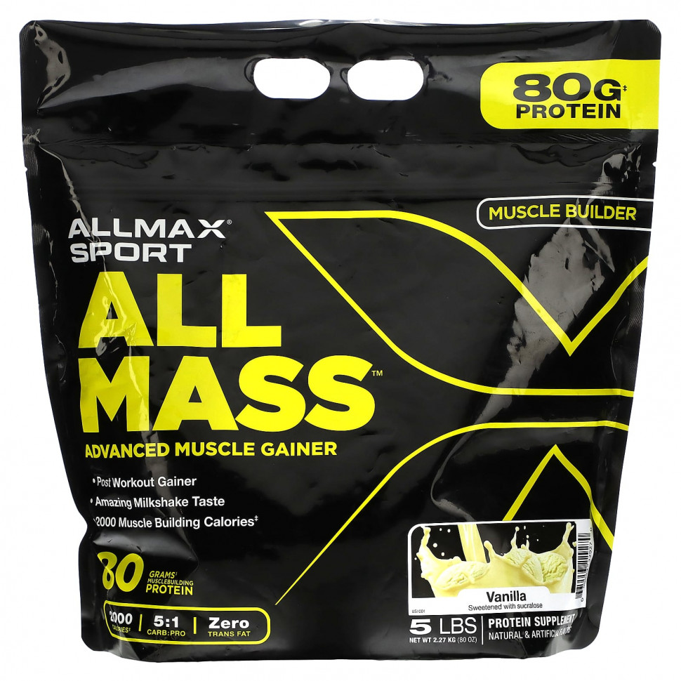   ALLMAX, Sport, All Mass, Advanced Muscle Gainer, Vanilla, 5 lbs, 2.27 kg (80 oz)    -     -,    