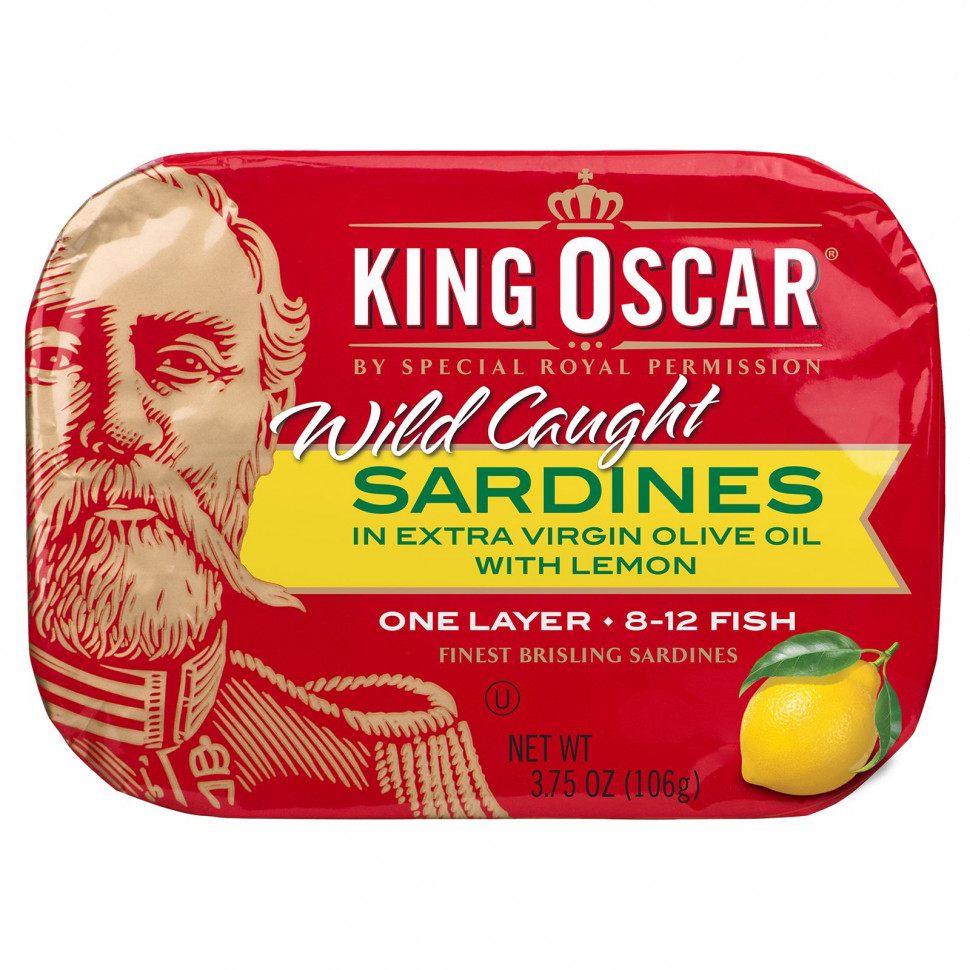   King Oscar, Wild Caught, Sardines In Extra Virgin Olive Oil With Lemon, 3.75 oz (106 g)    -     -,    