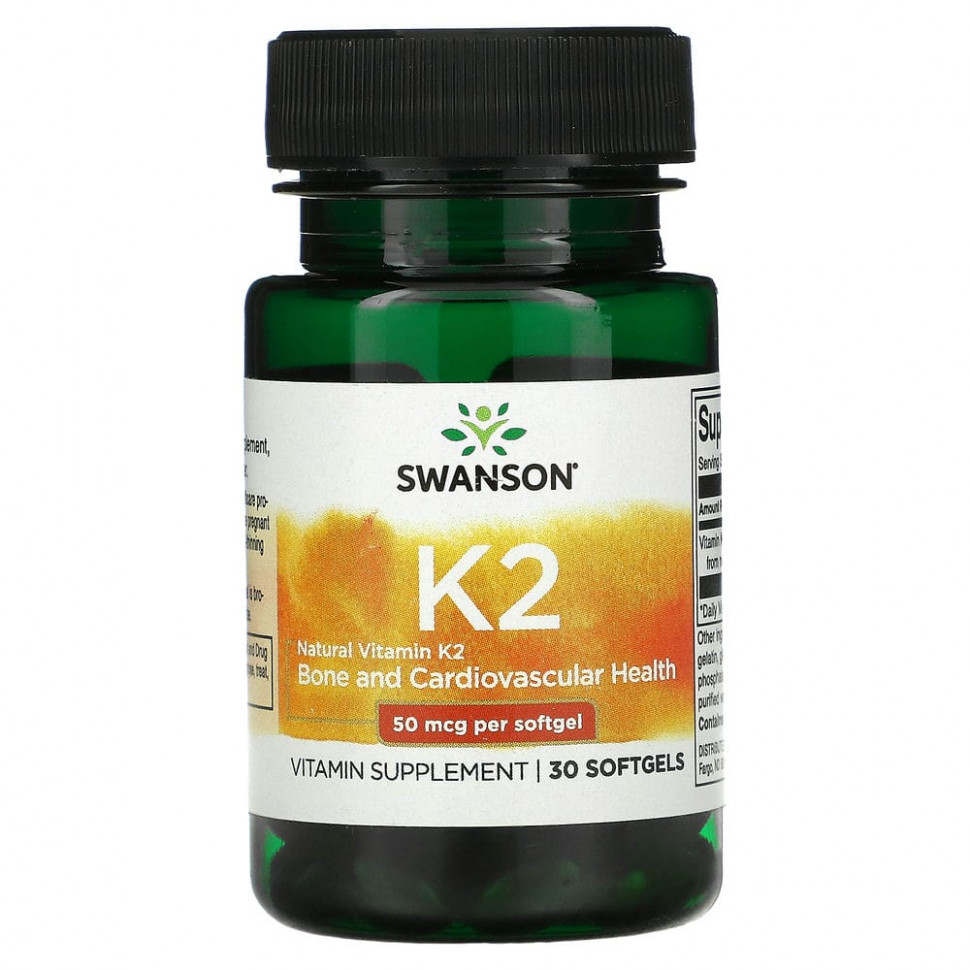   Swanson, Natural Vitamin K2, Bone and Cardiovascular, 50 mcg, 30 Softgels    -     -,    