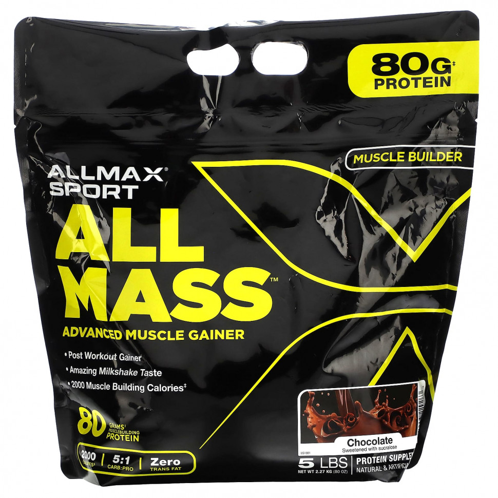   ALLMAX, Sport, All Mass, Advanced Muscle Gainer, Chocolate, 5 lbs, 2.27 kg (80 oz)    -     -,    