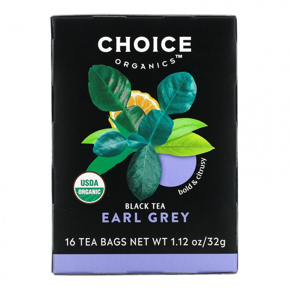   Choice Organic Teas, Black Tea, Organic Earl Grey, 16 Tea Bags, 1.12 oz (32 g)    -     -,    