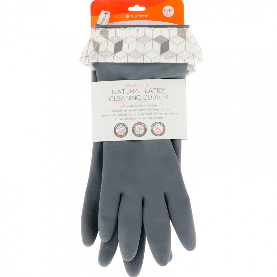   Full Circle, Splash Patrol, Natural Latex Cleaning Gloves, Grey, Size S/M    -     -,    