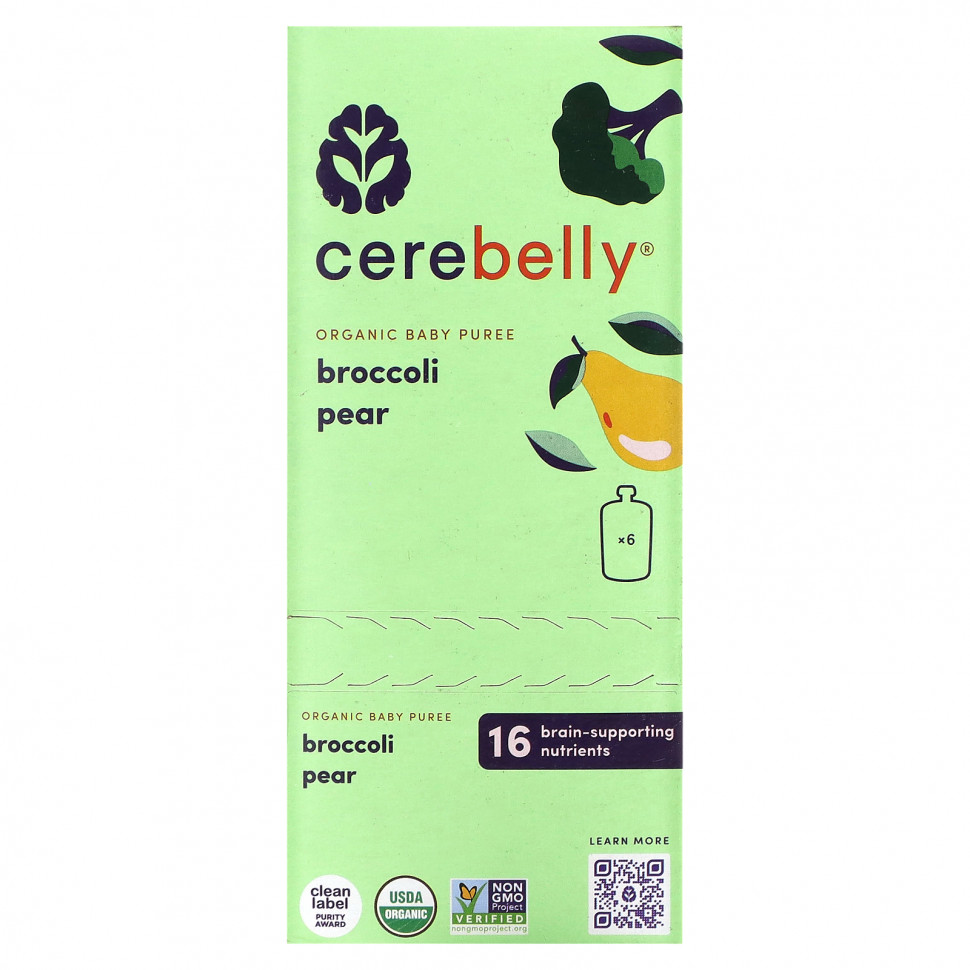   Cerebelly, Organic Baby Puree, Broccoli Pear, 6 Pouches, 4 oz (113 g) Each    -     -,    