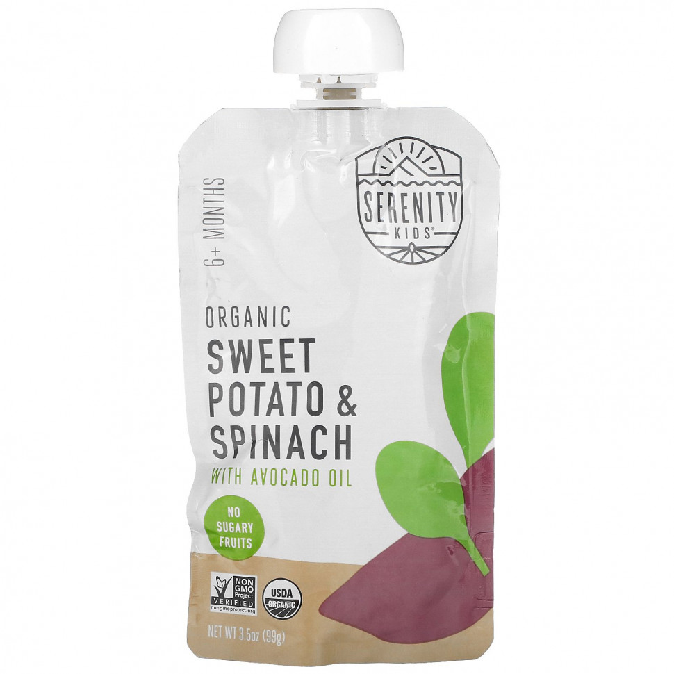   Serenity Kids, Organic Sweet Potato & Spinach with Avocado Oil, 6+ Months, 3.5 oz (99 g)    -     -,    