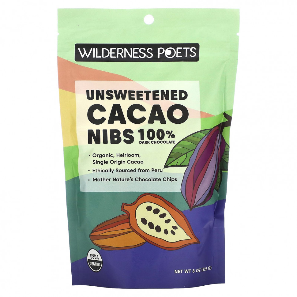   Wilderness Poets, Unsweetened Cacao Nibs, Dark Chocolate, 8 oz (226 g)    -     -,    