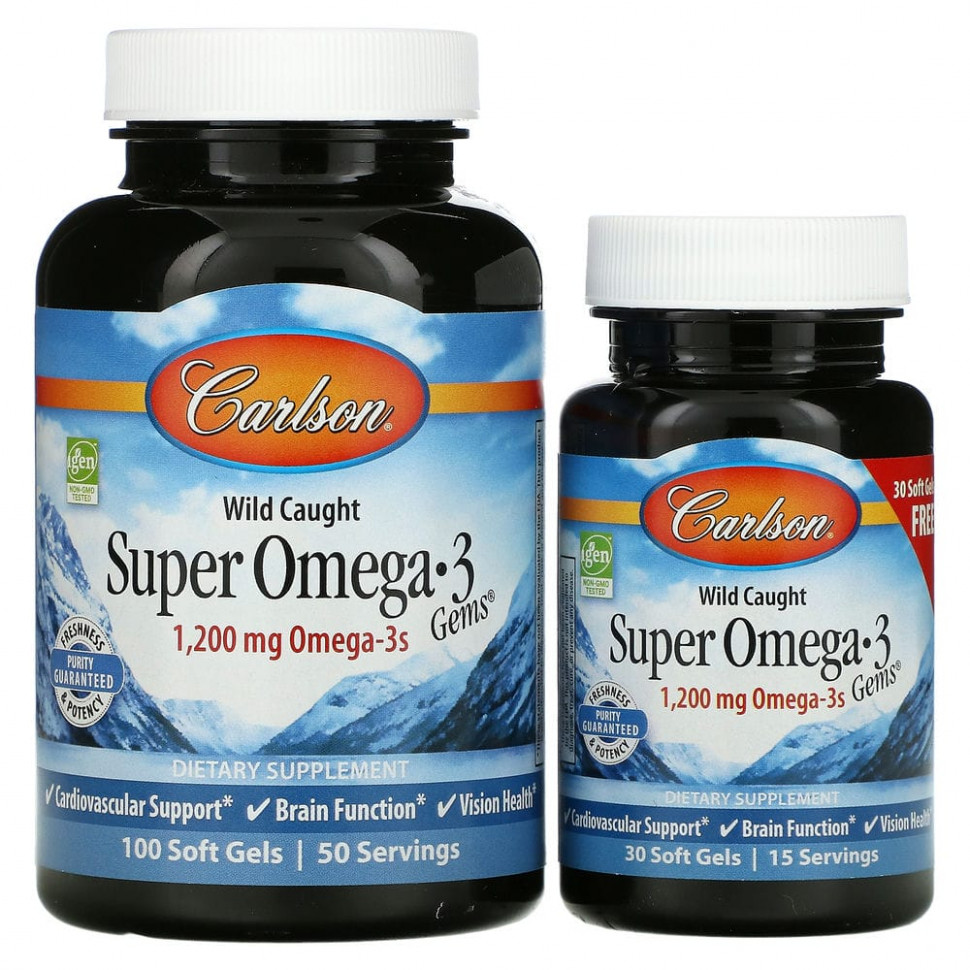   Carlson Labs, Wild Caught Super Omega-3 Gems,  -3   , 600 , 100  30     -     -,    