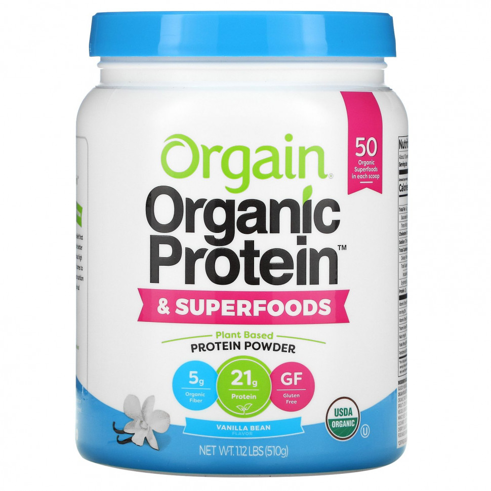   Orgain, Organic Protein + Superfoods Powder, Plant Based Protein Powder, Vanilla Bean, 1.12 lb (510 g)    -     -,    