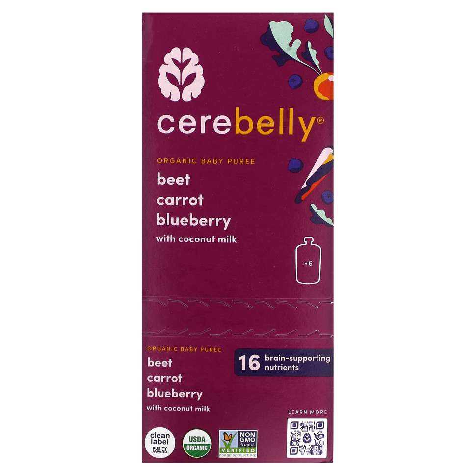   Cerebelly, Organic Baby Puree, Beet, Carrot, Blueberry With Coconut Milk, 6 Pouches, 4 oz (113 g) Each    -     -,    