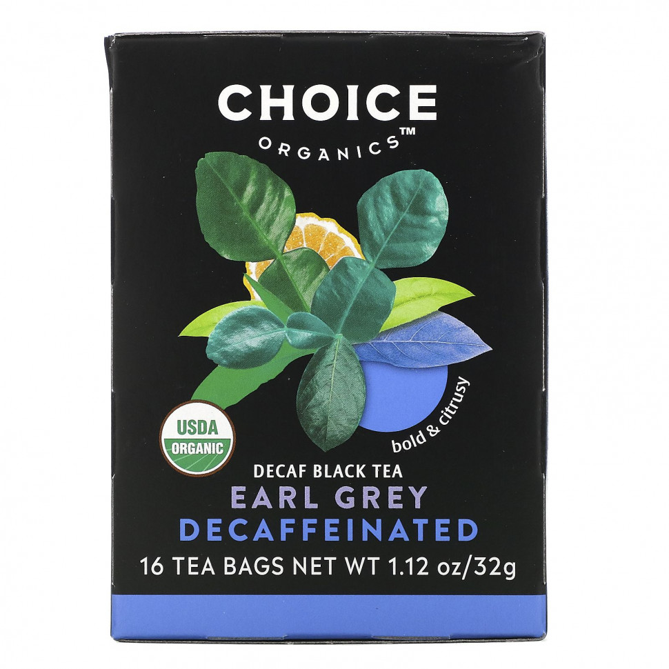   Choice Organic Teas, Black Tea, Organic Decaffeinated Earl Grey, Decaf, 16 Tea Bags, 1.12 oz (32 g)    -     -,    