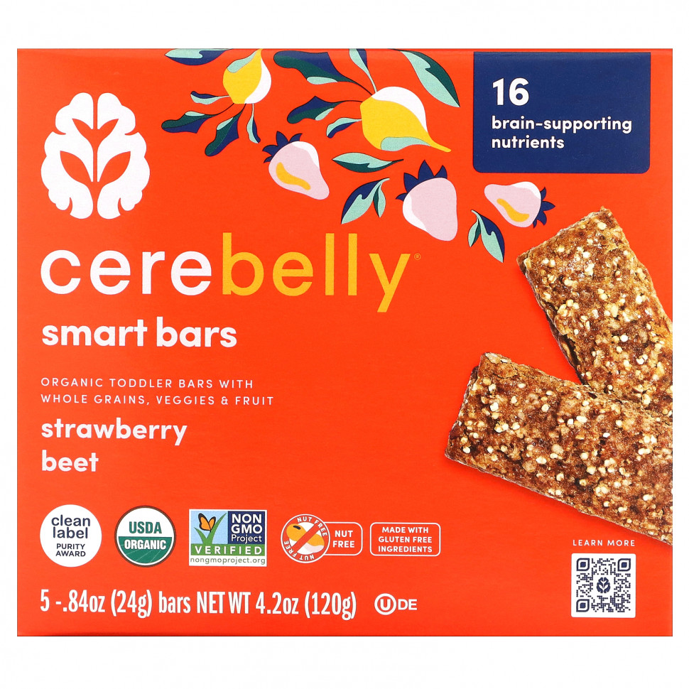   Cerebelly, Smart Bars, Organic Toddler Bars, Strawberry Beet, 5 Bars, 0.84 oz (24 g) Each    -     -,    