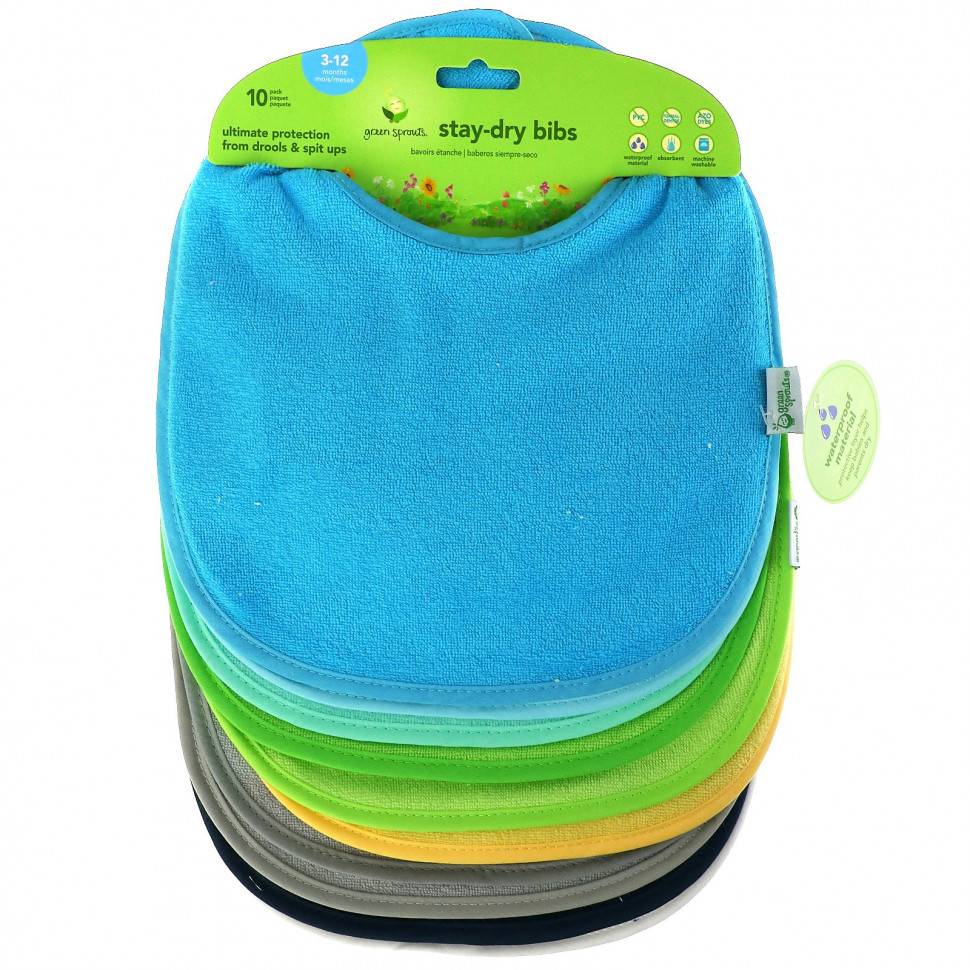   Green Sprouts, Stay-dry Infant Bibs, 3-12 Months, Aqua, 10 Pack    -     -,    