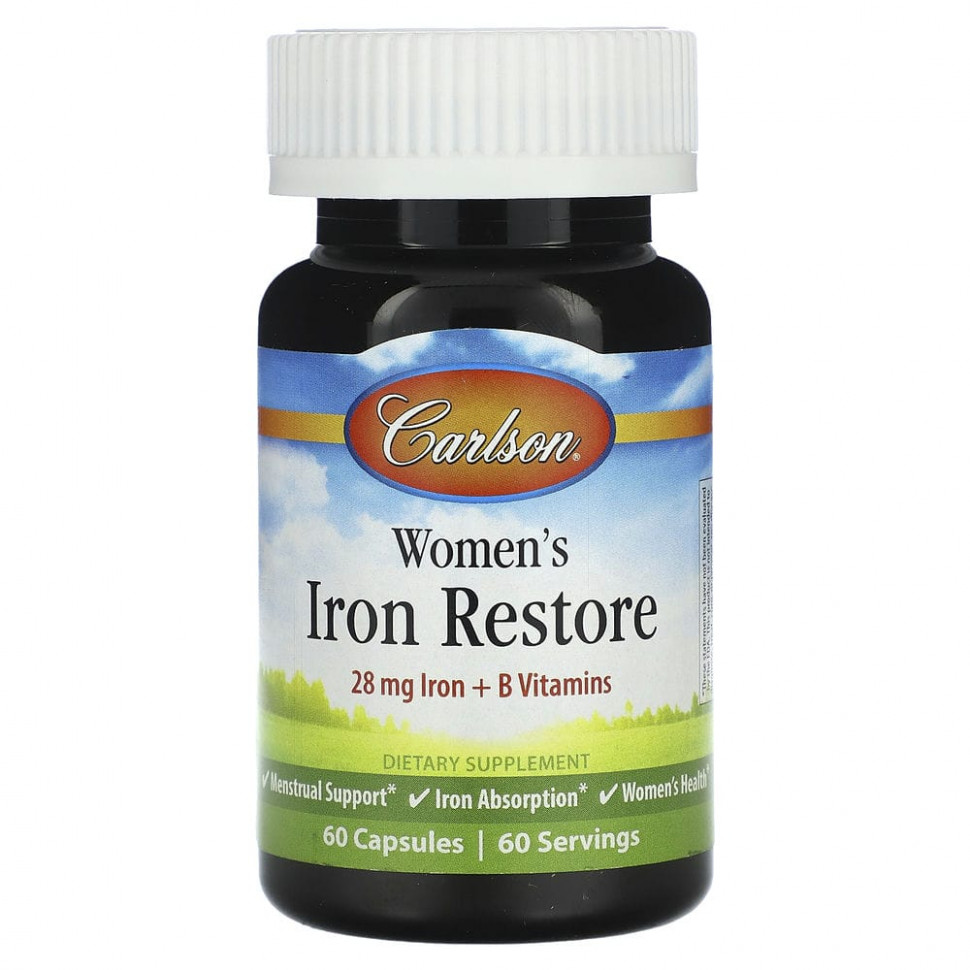   Carlson, Womens Iron Restore, 28 mg Iron + B Vitamins, 60 Capsules    -     -,    