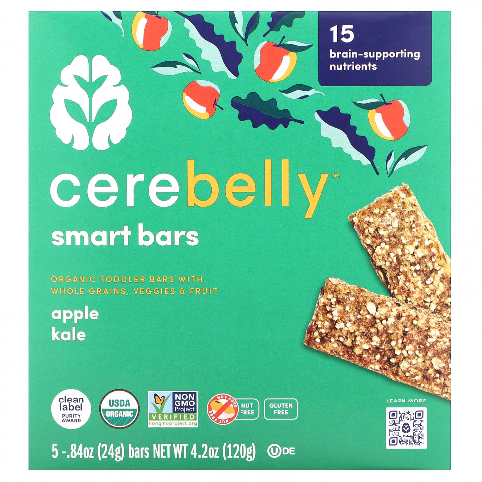   Cerebelly, Smart Bars, Organic Toddler Bars, Apple Kale, 5 Bars, 0.84 oz (24 g) Each    -     -,    