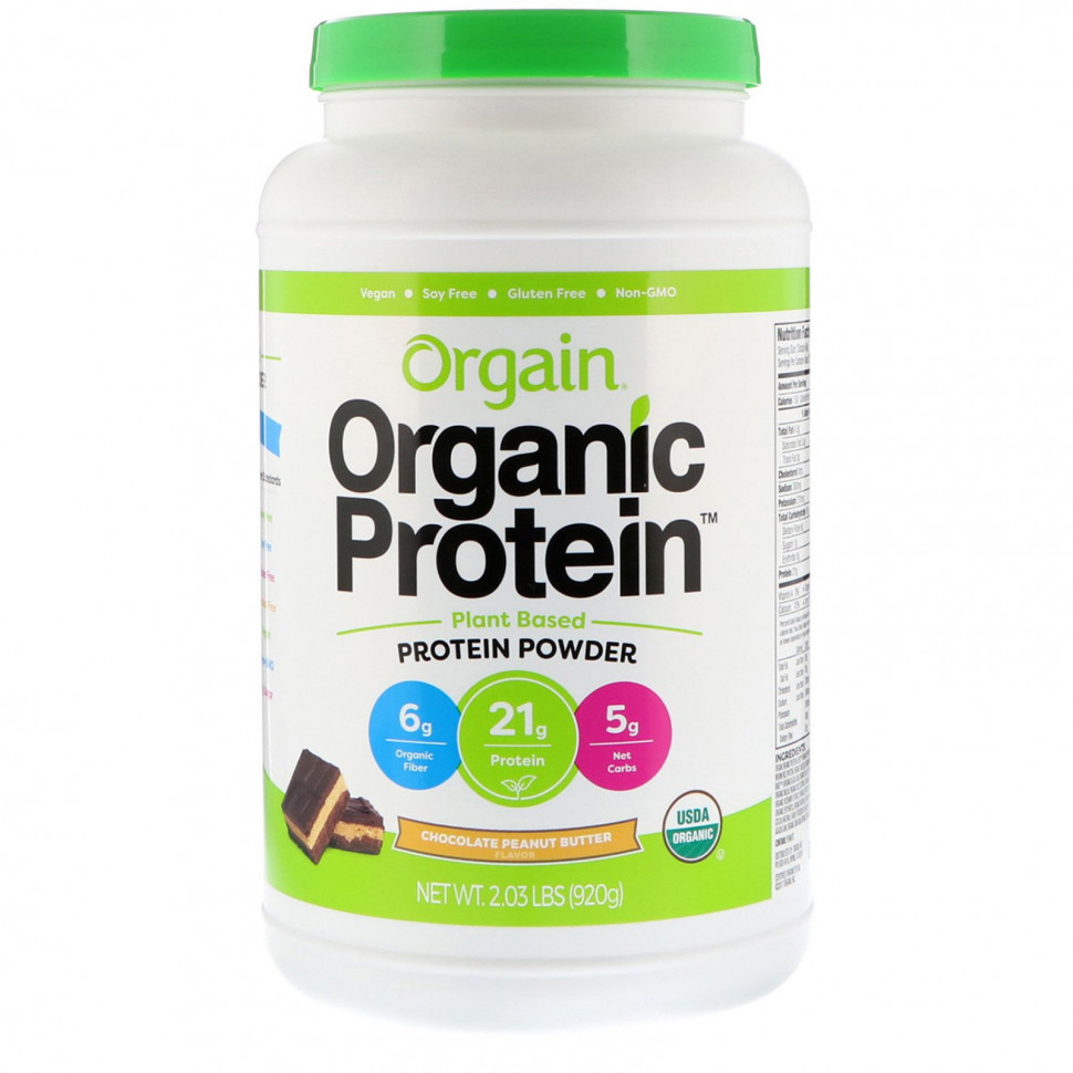   Orgain, Organic Protein Powder Plant Based, Chocolate Peanut Butter, 2.03 lb (920 g)    -     -,    