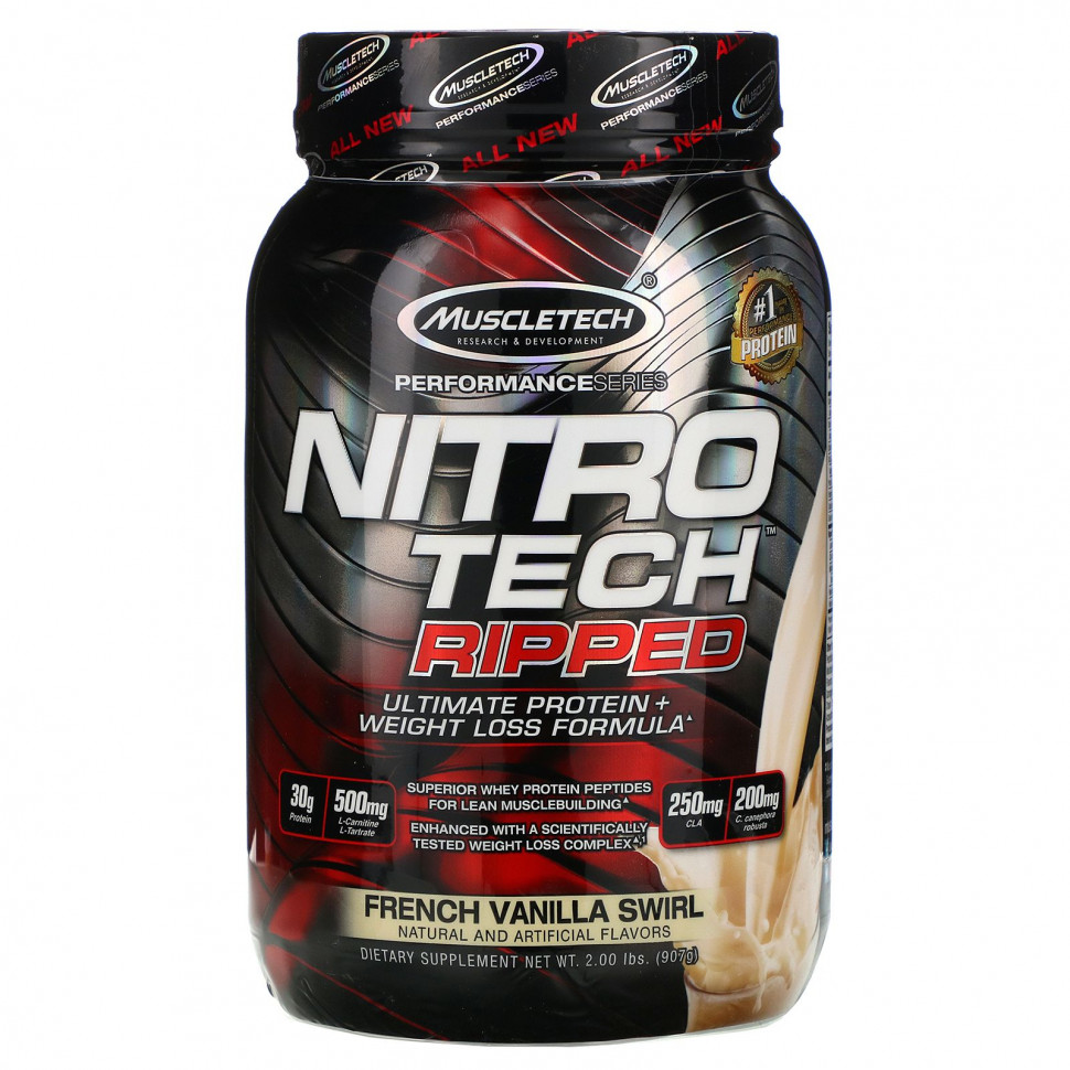   Muscletech, Nitro Tech, Ripped, Ultimate Protein + Weight Loss Formula, French Vanilla Swirl, 2 lbs (907 g)    -     -,    