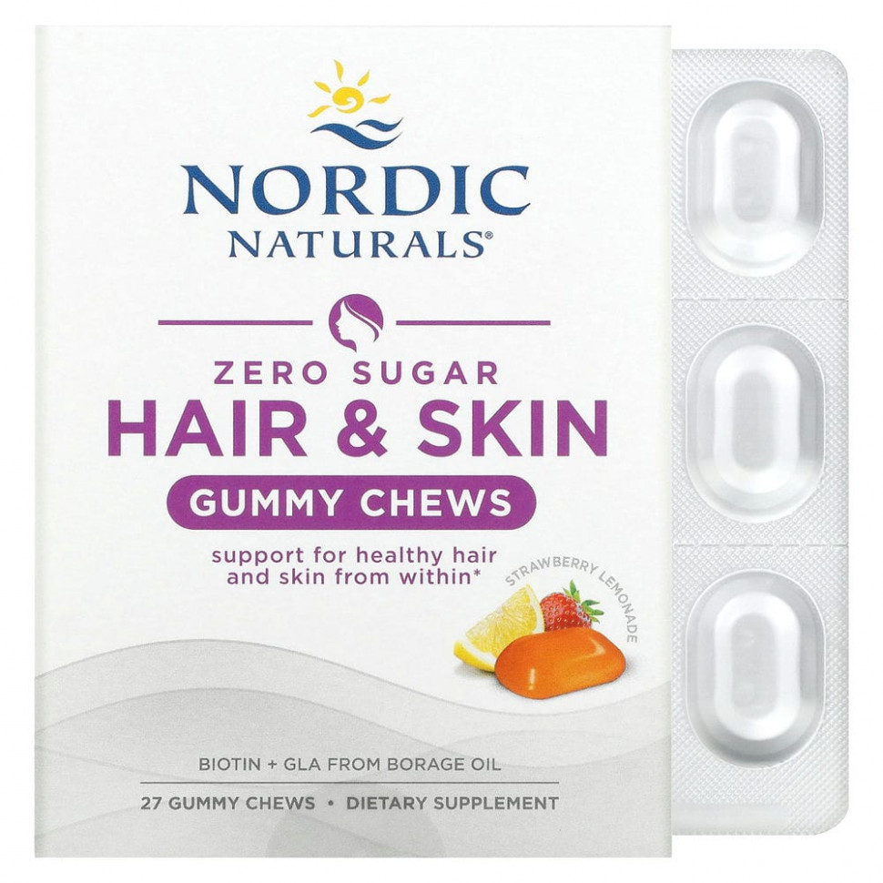   Nordic Naturals, Zero Sugar Hair & Skin Gummy Chews, Strawberry Lemonade, 27 Gummy Chews    -     -,    