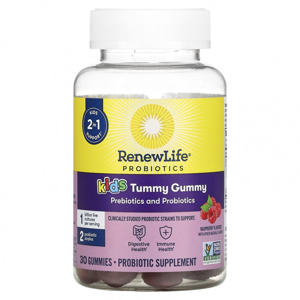   Renew Life, Kids Tummy Gummy, Prebiotics and Probiotics, Raspberry, 30 Gummies    -     -,    