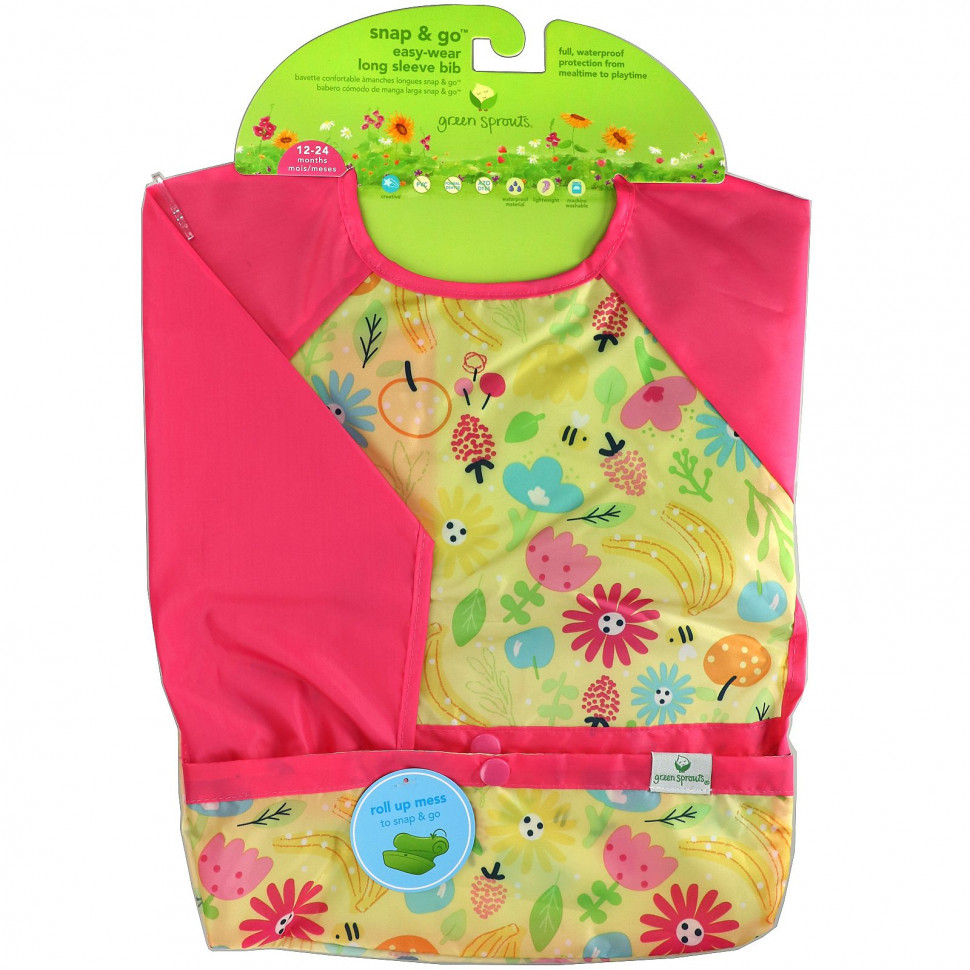   Green Sprouts, Snap & Go Easy Wear Long Sleeve Bib, Pink Bee Floral    -     -,    