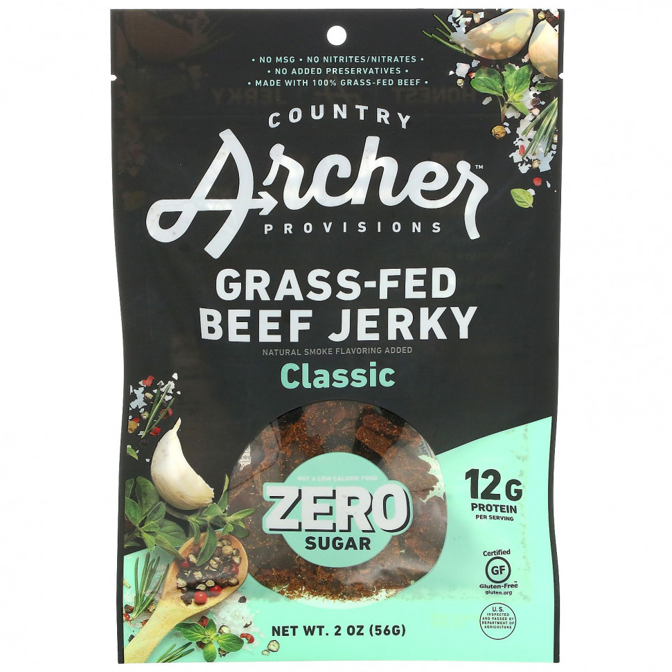   Country Archer Jerky, Grass-Fed Beef Jerky, Classic, 2 oz (56 g)    -     -,    