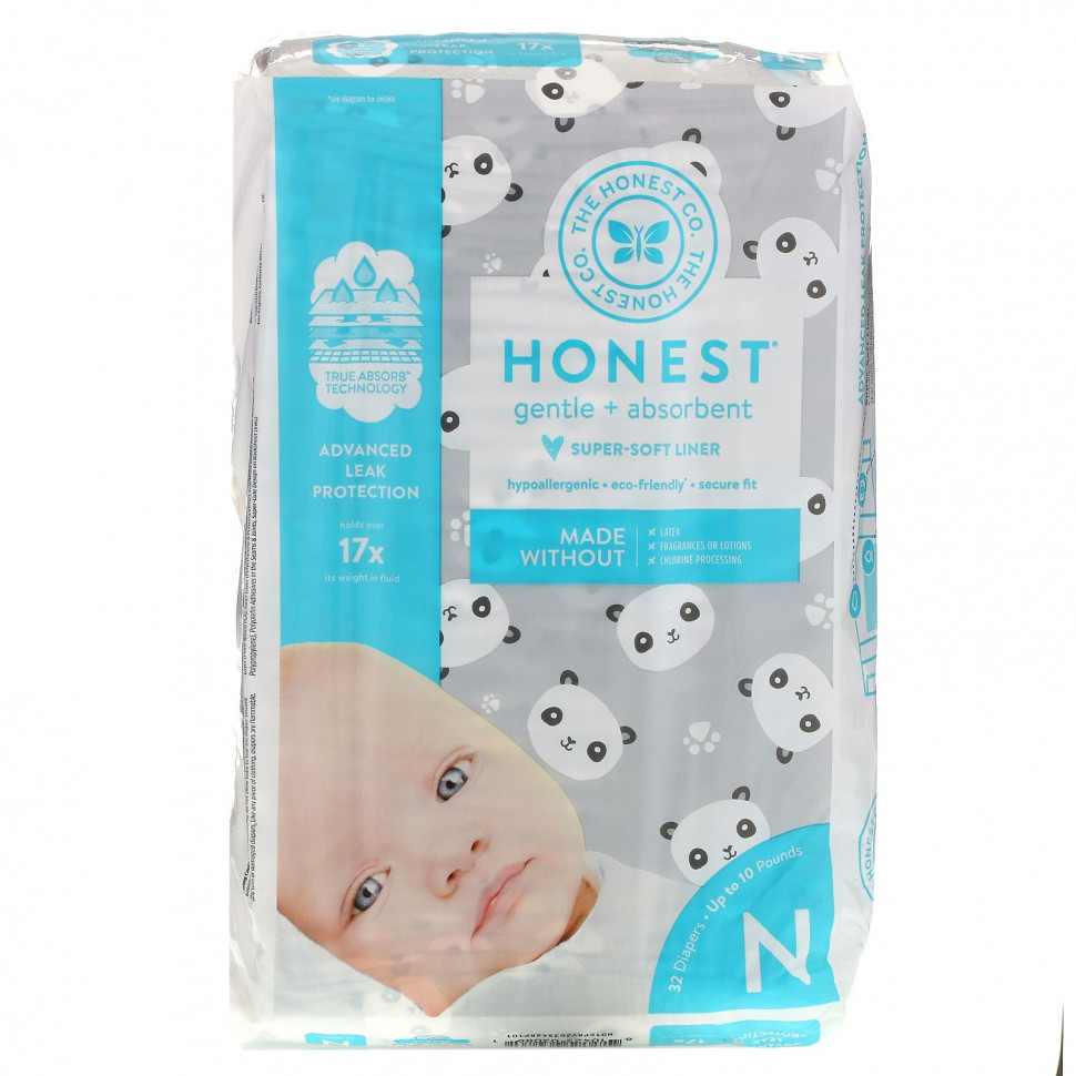   The Honest Company, Honest Diapers, Super-Soft Liner, Newborn, Pandas, Up to 10 Pounds, 32 Diapers    -     -,    