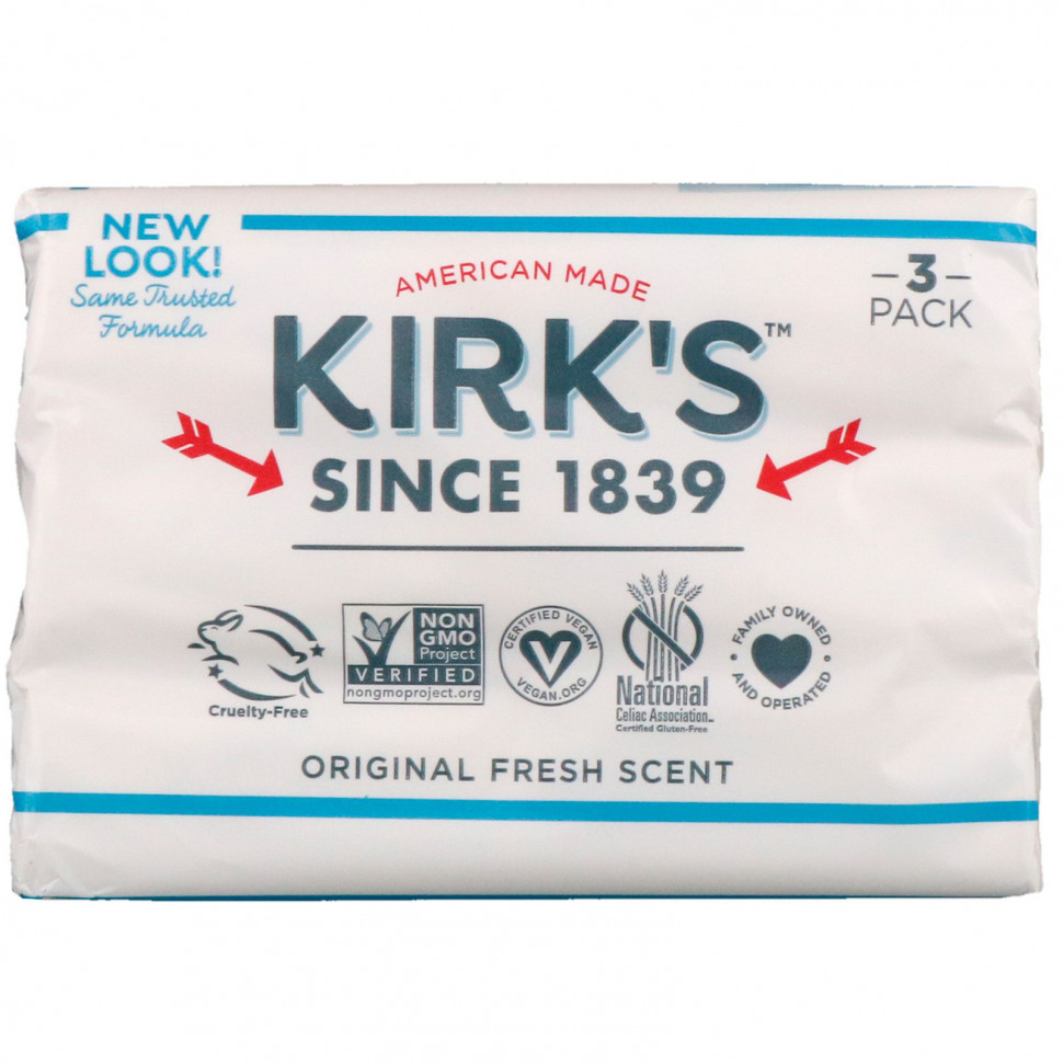   Kirk's, Gentle Castile Soap Bar, Original Fresh Scent, 3 Bars, 4 oz (113 g) Each    -     -,    