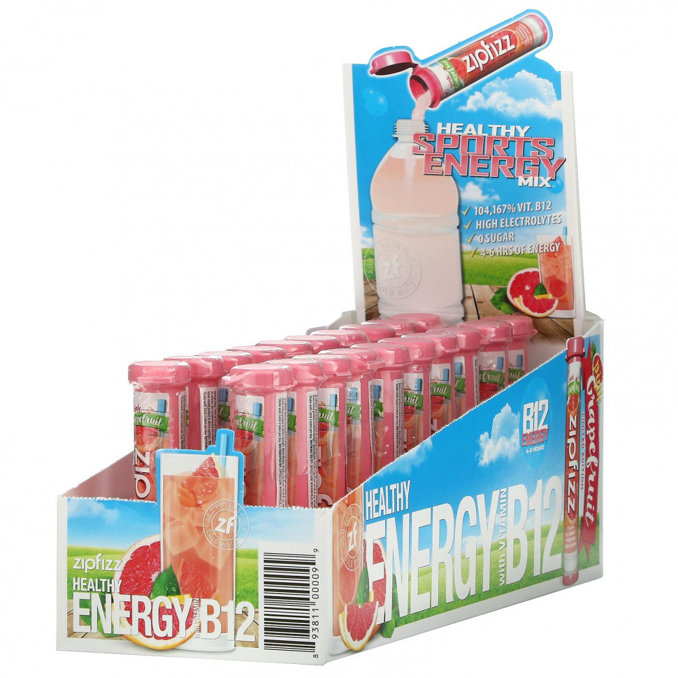   Zipfizz, Healthy Energy Mix With Vitamin B12, Pink Grapefruit, 20 Tubes, 0.39 oz (11 g) Each    -     -,    