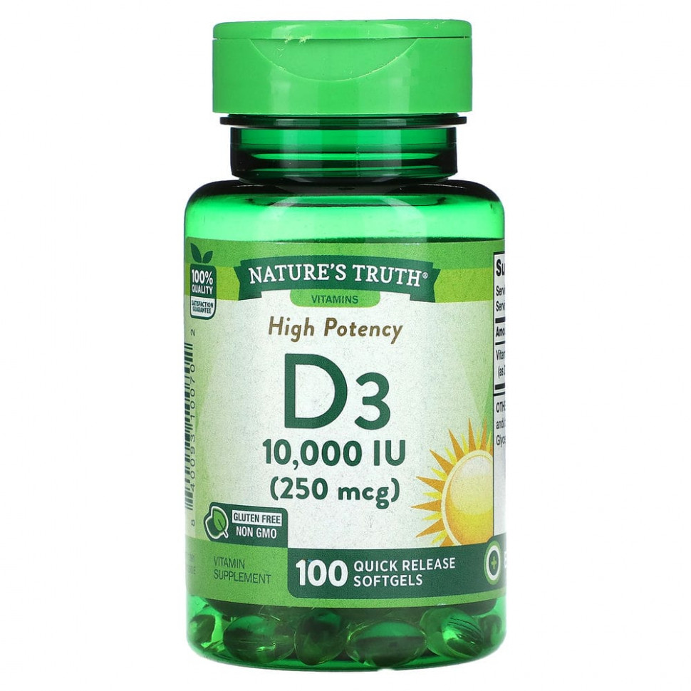   Nature's Truth, Vitamin D3, High Potency, 250 mcg (10,000 IU), 100 Quick Release Softgels    -     -,    